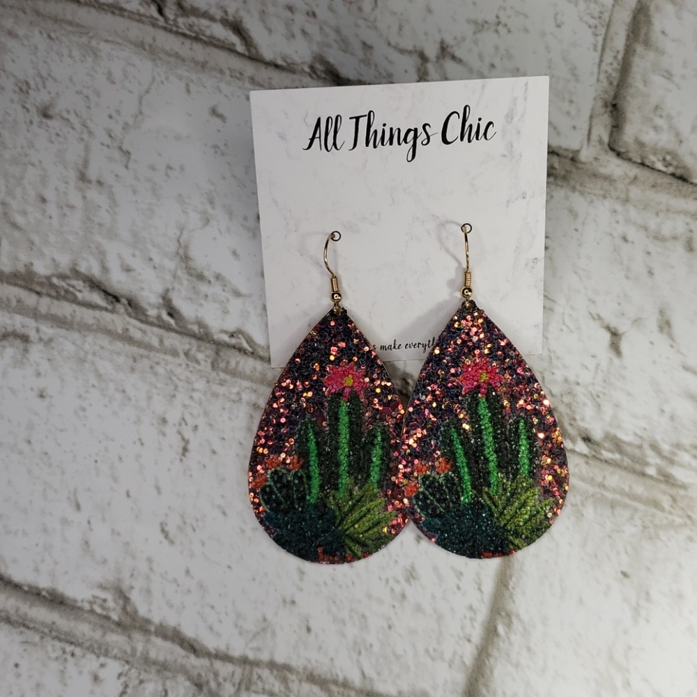 Teardrop Cactus Glitter Earrings